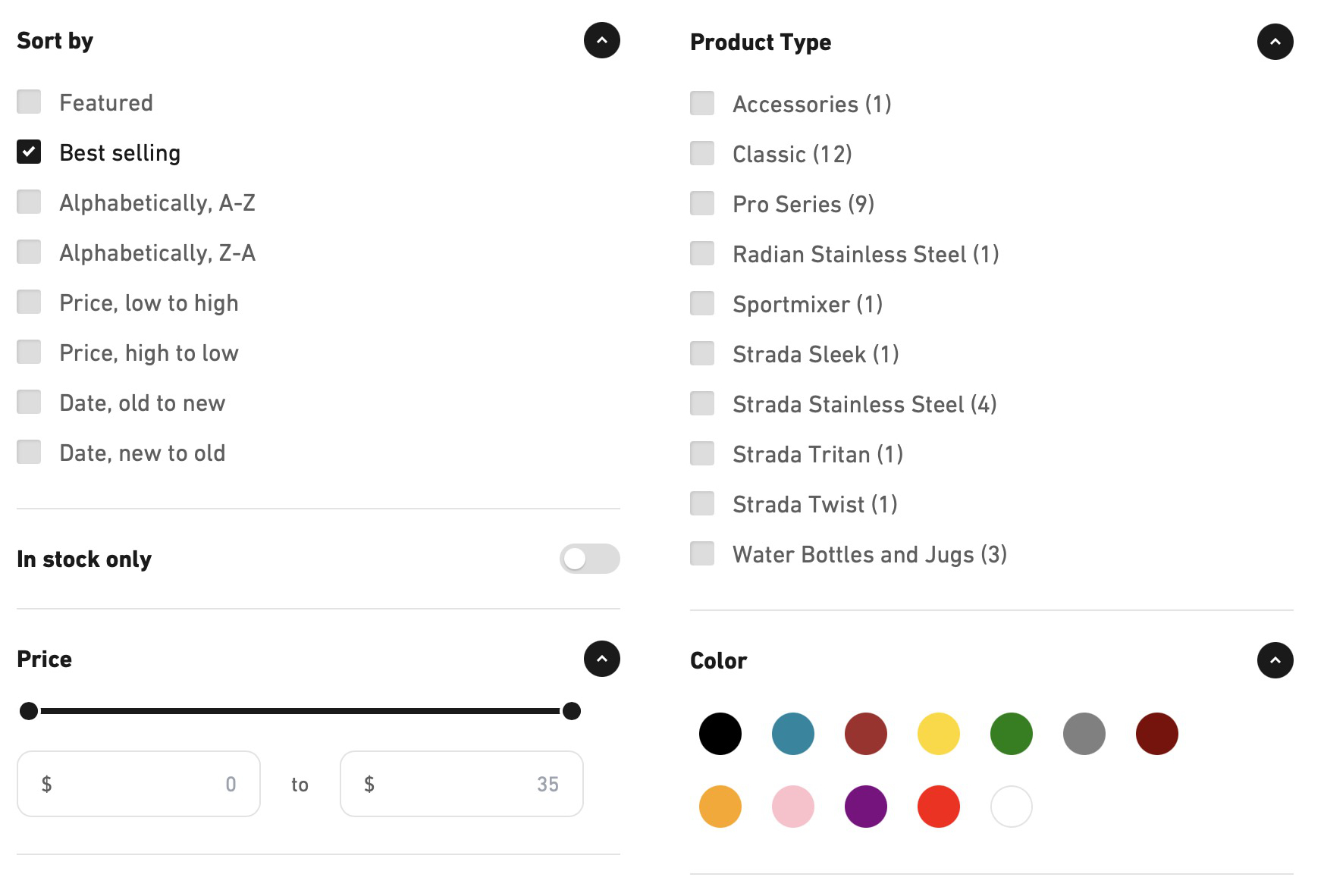 Several options for filtering products